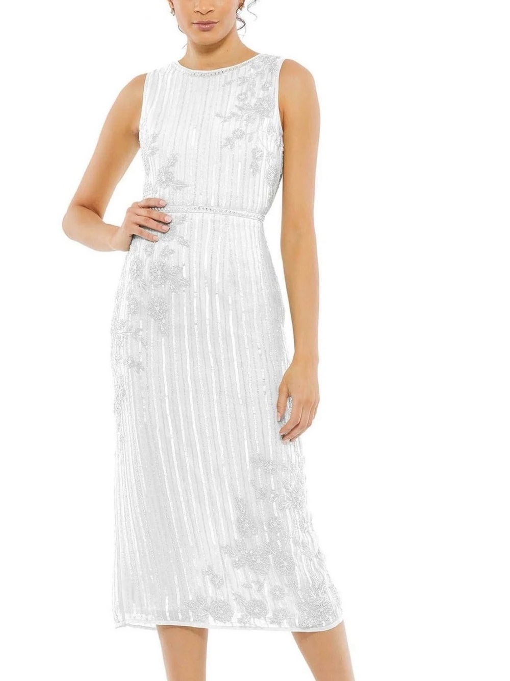 Mac Duggal Sleeveless White Embellished Midi Dress